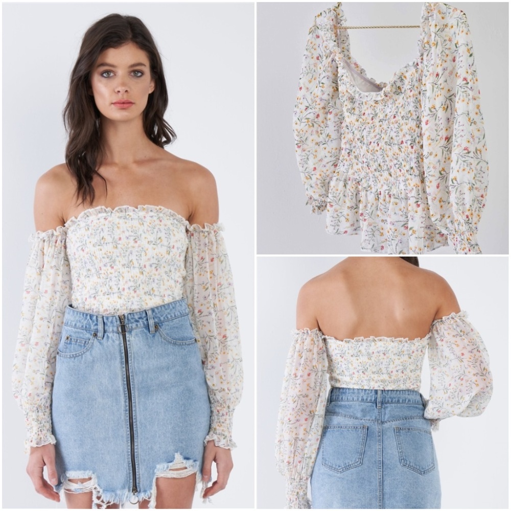 Off-White Sheer Floral Off-The-Shoulder Peplum Top